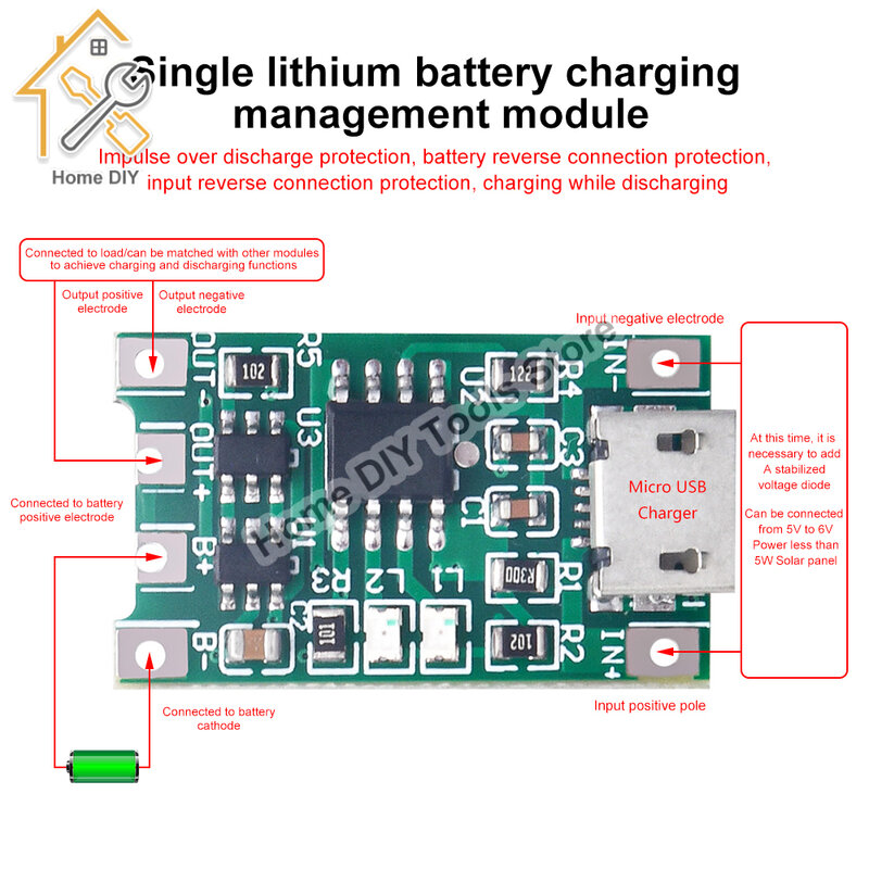 Mô-đun sạc năng lượng mặt trời bảng Sạc Pin Lithium Micro USB 4.2 3.7V 3.6V 18650 V Mô-đun sạc có chức năng bảo vệ