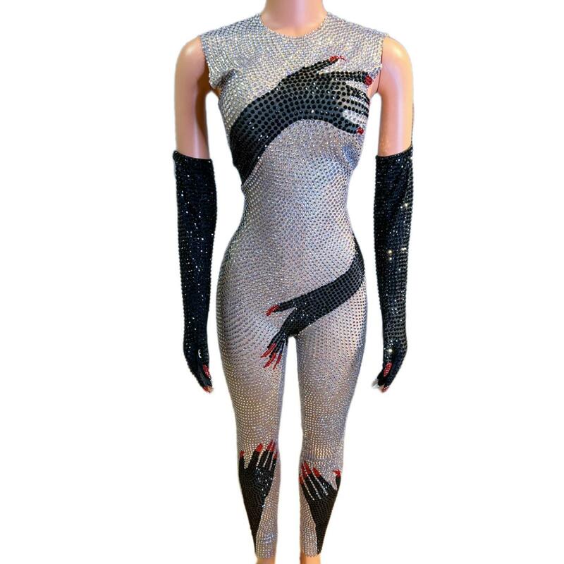 Sparkly Rhinestones Sexy Hand Pattern Jumpsuit with Gloves Birthday Celebrate Outfit Women Dance Performance Costume Heishou