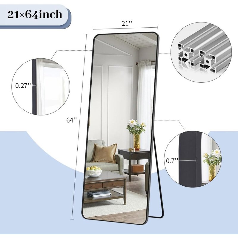 Espelho preto do comprimento total, espelho arredondado do assoalho de canto, suspensão ou parede ereta, espelho do vestiário, 65 "x 22"