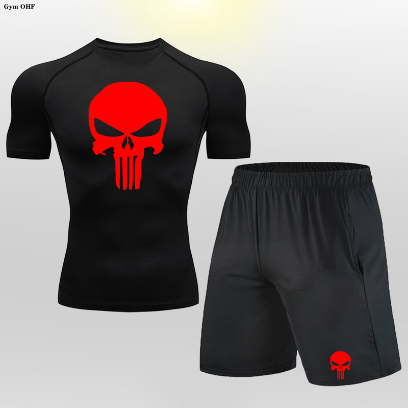 Anime Skull Rashgard Men T Shirt Shorts set Compression shrits tuta corta Mens Gym Running Training Fitness Sportswear