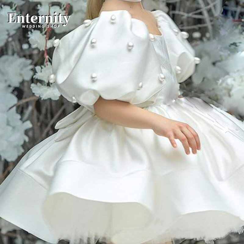 Платье принцессы Детское ТРАПЕЦИЕВИДНОЕ до колена, с круглым вырезом, бантом, буффами на рукавах и жемчугом, бальное платье для девочек