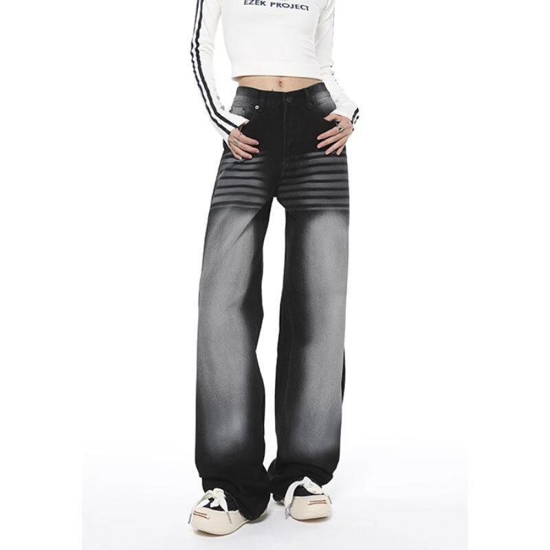 Винтажные градиентные женские джинсы, шикарные уличные брюки в американском стиле, стирка, с завышенной талией и широкими штанинами, женские джинсовые брюки