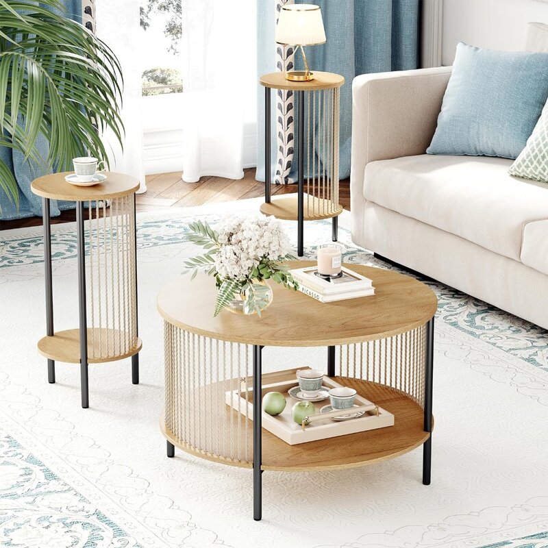 Side Table With Storage for Living Room 2 Tier Wooden Round Coffee Table and End Table Sets With Metal Frame Bedroom Tables Café