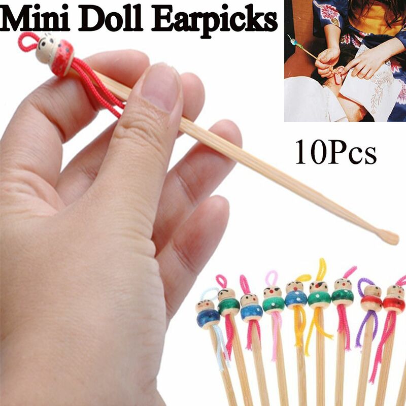 10pcs Mini Bamboo Ear Cleaner Tool cartoni animati fatti a mano Cute doll Wax Remover Picks in legno per la cura dell'orecchio Earpicks strumento per la cura della salute