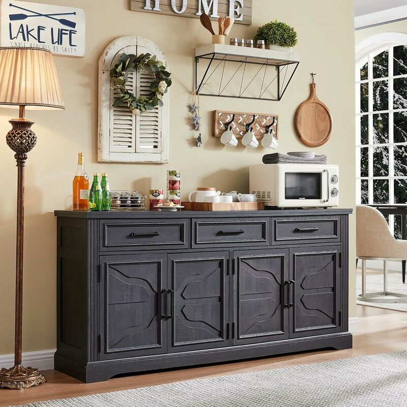66" Large Buffet Sideboard Cabinet with 4Doors and 3 Drawers, Buffet Table Coffee Bar Wine Bar Storage Cabinet for Dining Roomte