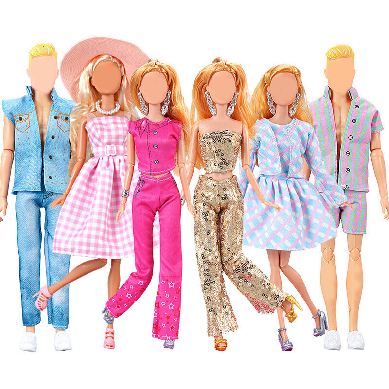 1 set pakaian boneka 11 inci 30cm, Gaun kotak-kotak celana atas payet, aksesori pakaian bergaris hadiah mainan anak perempuan