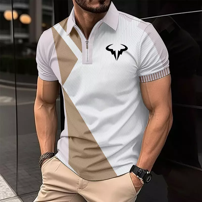 New POLO shirt Color contrast 3D design men's short sleeve Rafael Nadal print Brand Fitness running lapel T-shirt men's clothing