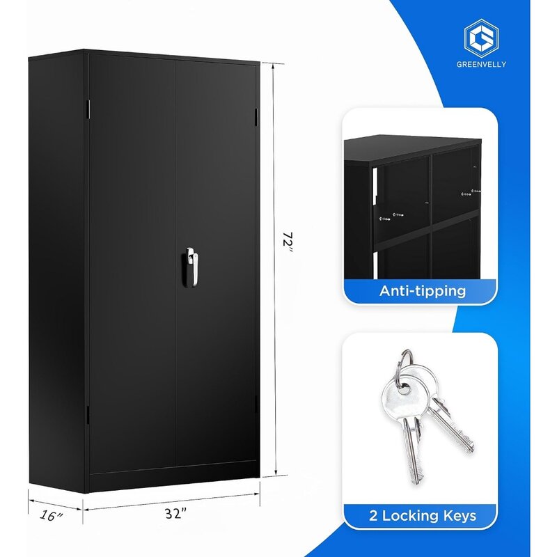 Metal Storage Cabinet, 72" Black Locking Storage Cabinets with Doors and 4 Shelves, Steel Lockable File Cabinet Metal Locker
