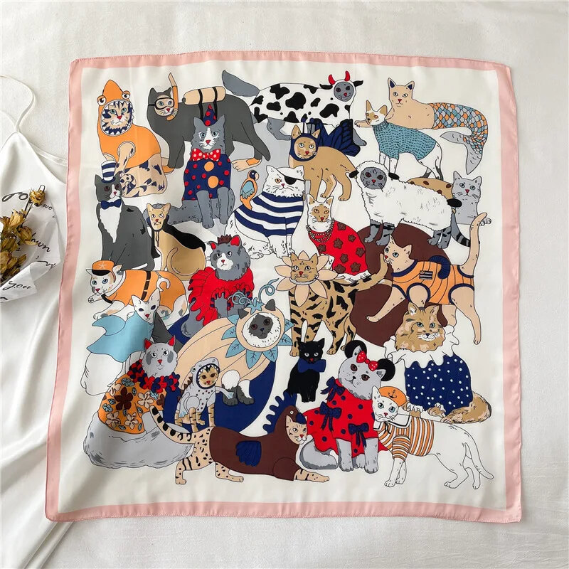 Женский многофункциональный шейный платок, роскошный брендовый квадратный шейный платок с мультяшным котом для весны и лета