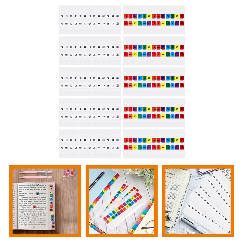 Pequenas guias pegajosas de livros coloridos adesivos, bloco de notas, marcadores de página, guias do arquivo do alfabeto