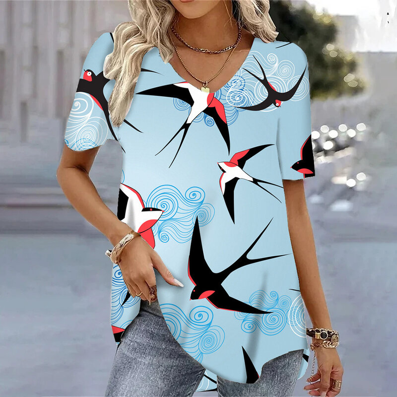 Fashion Blouses 2024 V-neck T-shirt Women's 3d Cartoon Print Short Sleeve Tees Blue Kawaii T Shirt Oversized Summer Tops Female