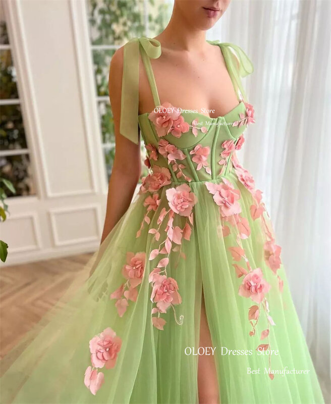 OLOEY Fairy Elegant Light Green Tulle Long Prom Dresses 2023 Spaghetti Straps Spit Boning Party Formal Evening Gowns Vestidos