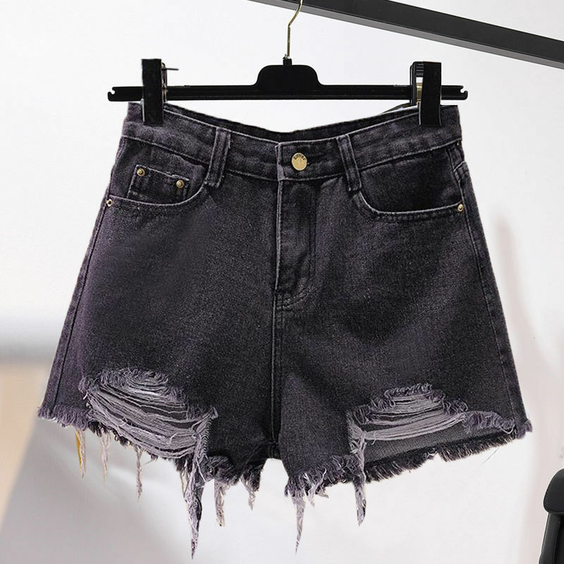 Calção jeans perfurado para mulher, cintura alta, solta e emagrecedora, linha A, versátil, calças de perna larga, novo, primavera, verão, 2022