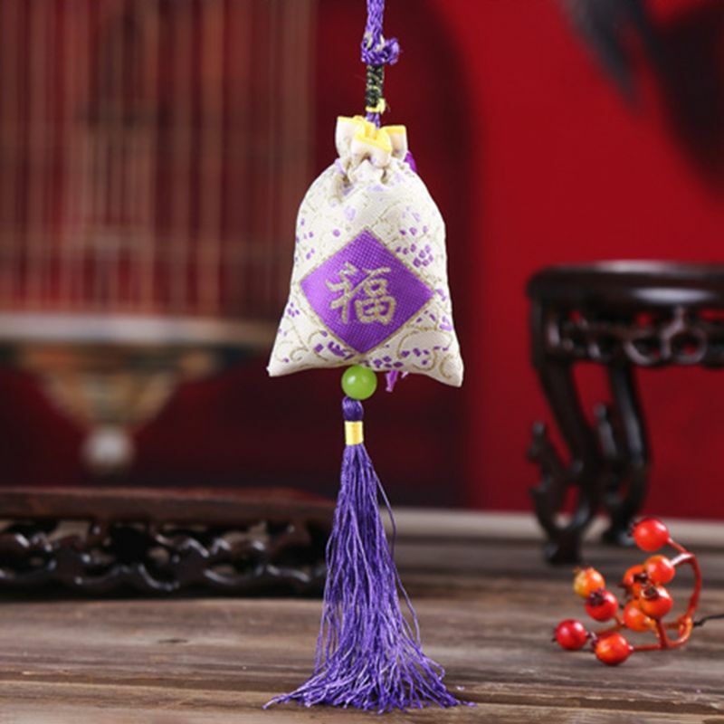 Автомобильная подвесная сумка-саше лавандового цвета в традиционном китайском народном искусстве с принтом слов и кисточками,