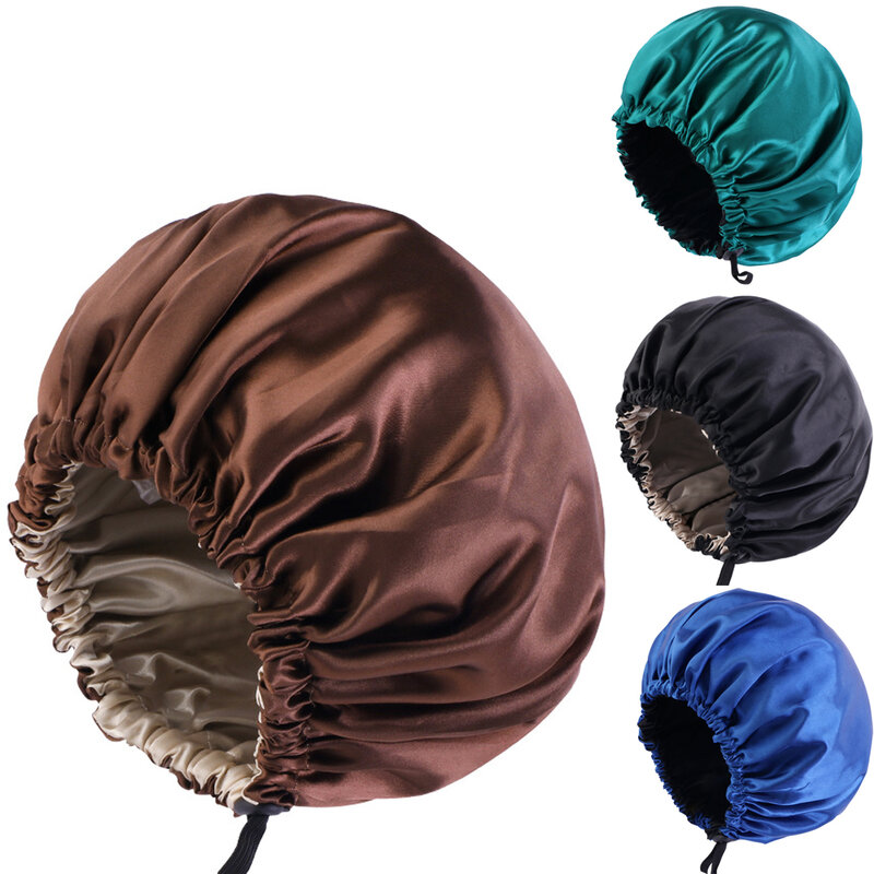 Adjustable Women Satin Sleeping Hat Ladies Fashion Elastic Hair Cap Breathable Nightcap Hair Bonnet Hat Bathroom Shower Cap