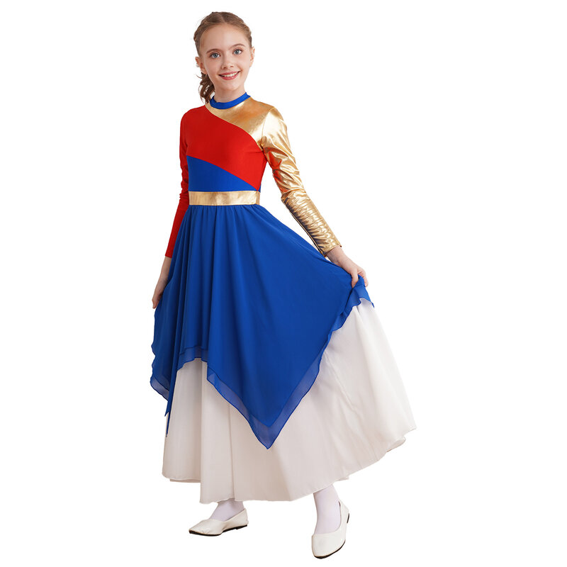Kids Girls Metallic Color Block Contemporary Liturgical Praise Ballet Lyrical Dance Dress Irregular Hem Worship Church Costume