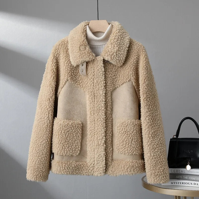 Mars Sheep Smile-Manteau épissé en cuir et laine pour femme, manteau en laine d'agneau, une pièce, tendance coréenne, nouveau, hiver 2023