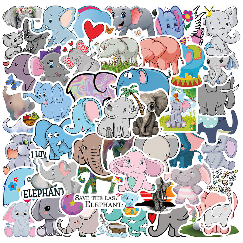 50 buah lucu kartun hewan gajah stiker grafiti untuk Laptop botol air kulkas ponsel sepeda mobil stiker mainan anak-anak