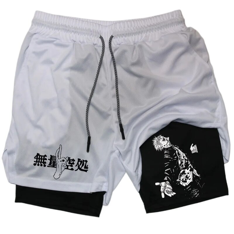 Anime 2 In 1 Compression Shorts Gojo Satoru Print Performance Sportswear Men GYM  Training Workout Male Fitness Sport Shorts