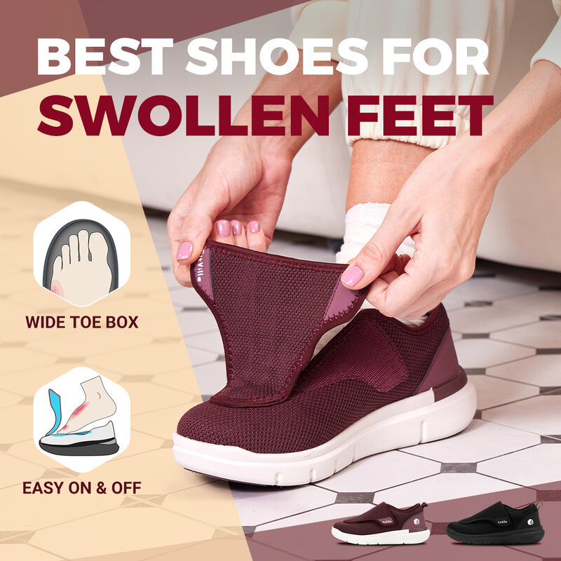 Fitville Sepatu Wanita lebar diabetes sepatu jalan kasual bersirkulasi untuk kaki bengkak orang tua pereda nyeri kaki neuropatik
