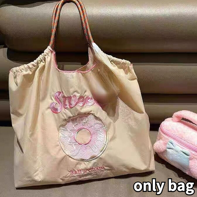 Donut Pattern Women Travel Tote Handbag Female Large Shopping Bags Drawstring Pocket Cartoon Embroidery Sweet Girls Shoulder Bag