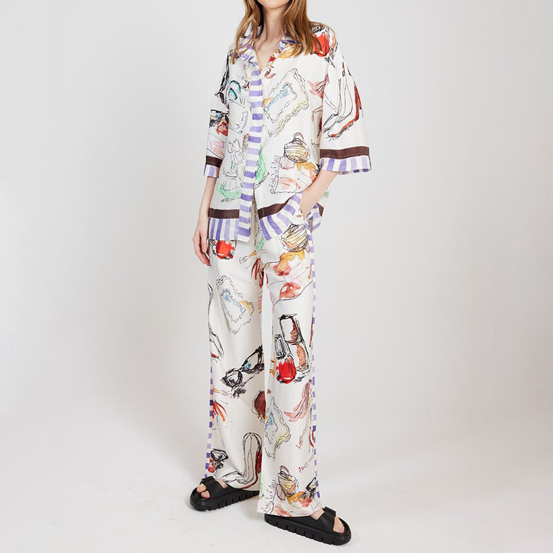 Combhasaki-Conjunto de 2 piezas con estampado para mujer, camisa holgada con cuello de solapa, manga 3/4, botones y pantalones de cintura elástica, estética Y2K