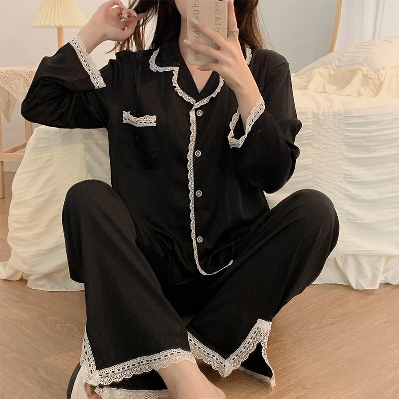 Spring and autumn new ins style pajamas women's ice and snow silk cardigan double-length silk lace lace home service 2-piece set