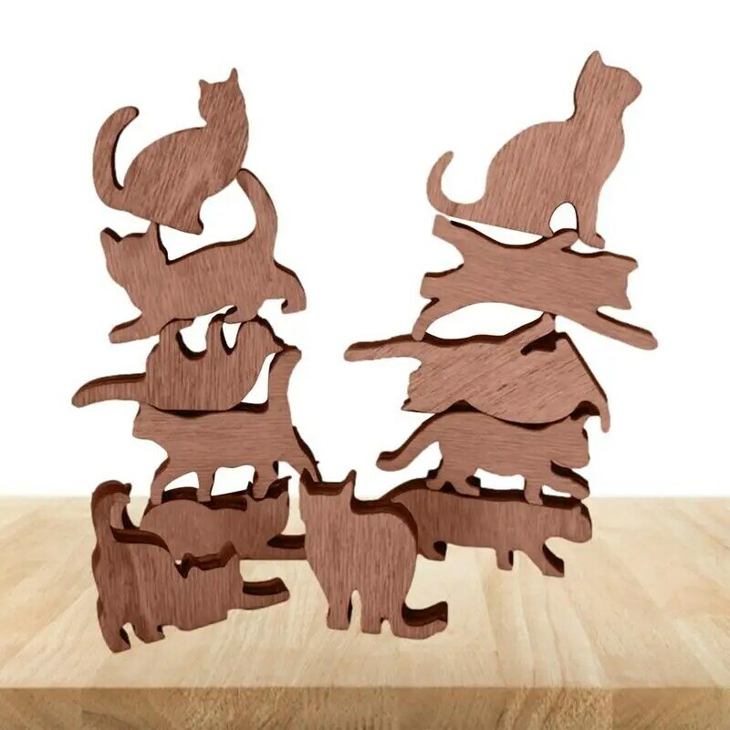 Ornamentos de madeira com diferentes formas, empilhamento Cat, Mini Cats, Montessori Learning & Brinquedos Educativos, 12Pcs