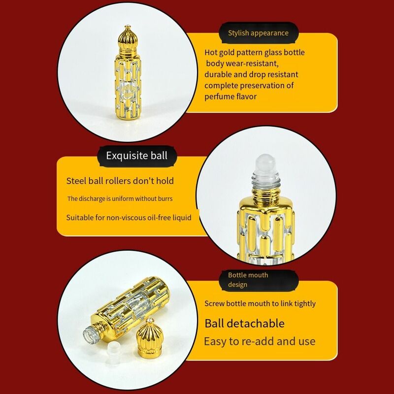 Garrafas de perfume bronzeadores portáteis do ouro do vintage, rolo recarregável dos óleos essenciais em garrafas, luxo, vazio, 15ml