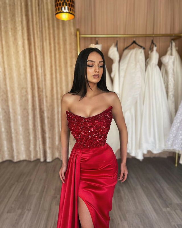 On Zhu Red Long Mermaid Prom Dresses 2023 Strapless Sleeveless Arabic Dubia Evening Gown Formal Side Split Party Robes De Soirée