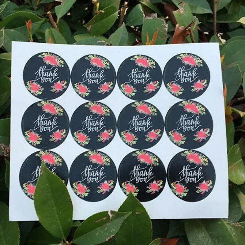 120 Stks/pak Mode Zwart Bedankt Bloem Ronde Label Zelfklevende Kraft Bakafdichting Sticker Voor Geschenken