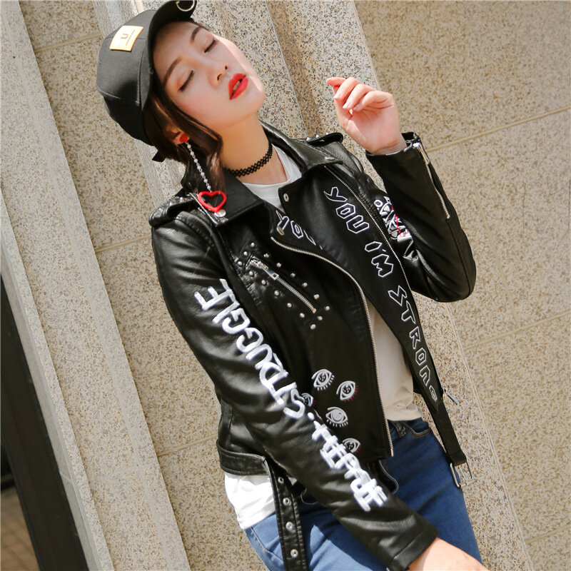 Jaqueta lisa de couro falso feminina para motociclistas, casaco de manga comprida feminina, tendência estampada, streetwear de motociclista, preto, outono, inverno