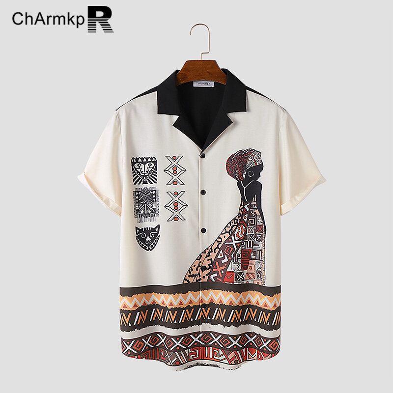 Charmkpr-Camisa de gola virada para baixo masculina, manga curta, camisas com botões, tops masculinos, roupas estampadas vintage, verão, 2022