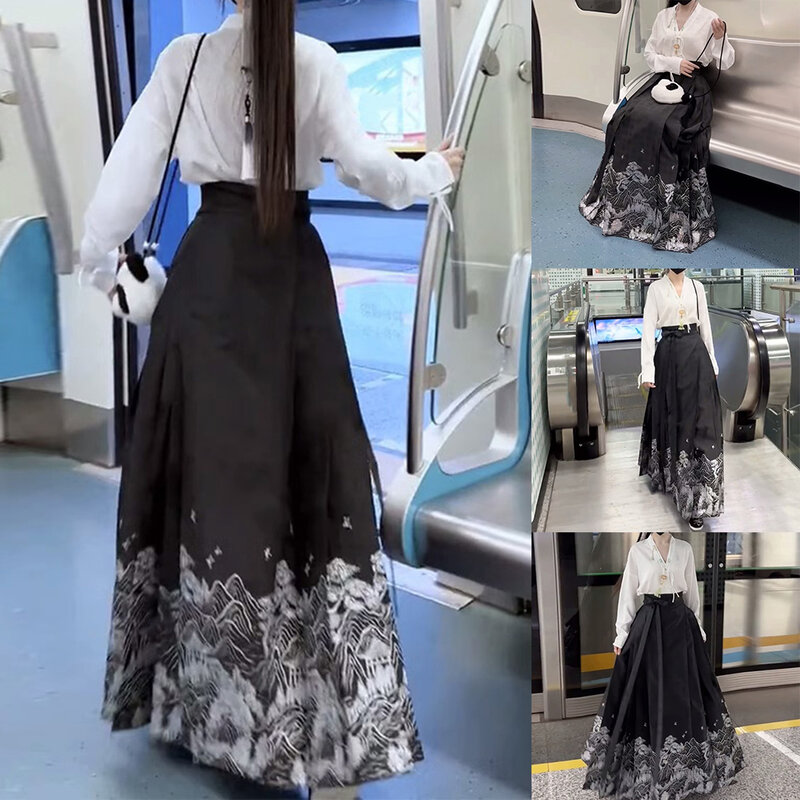 Вышитая юбка Hanfu с изображением лошади, длинное платье, простой костюм в стиле ретро, однотонная удобная модная стильная юбка
