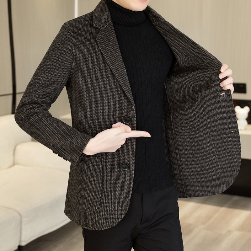 Новое высококачественное мужское короткое шерстяное пальто в клетку, деловая повседневная верхняя одежда, тонкие шерстяные куртки, однотонный двусторонний шерстяной костюм, Верхняя одежда