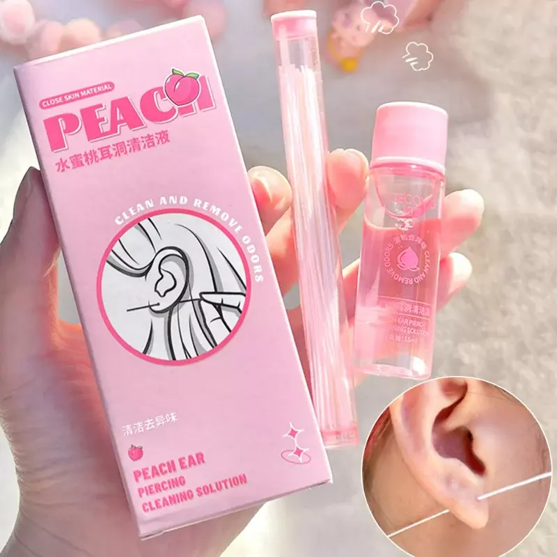 Pierced Ear Cleaning Set Solution Peach Flavor Floss Cotton Thread Ear Hole Aftercare Tool Kit Disposable Earrings Hole Cleaner