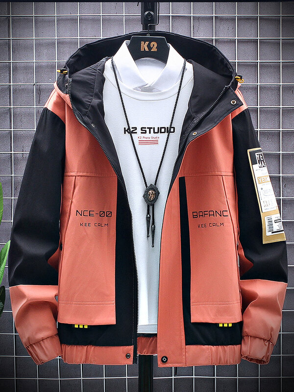 Spring Autumn Plus Size Men's Jacket Hooded Windbreaker Coats Fashion Letter Printed Patchwork Outwear Casual Jackets 8XL