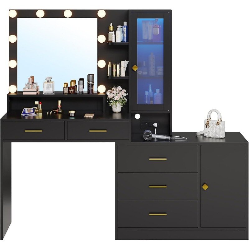 Maquiagem Vanity Desk com Luzes, Mesa Grande Conjunto com Espelho, Gaveta Dresser, Estação de carregamento, RGB Armários