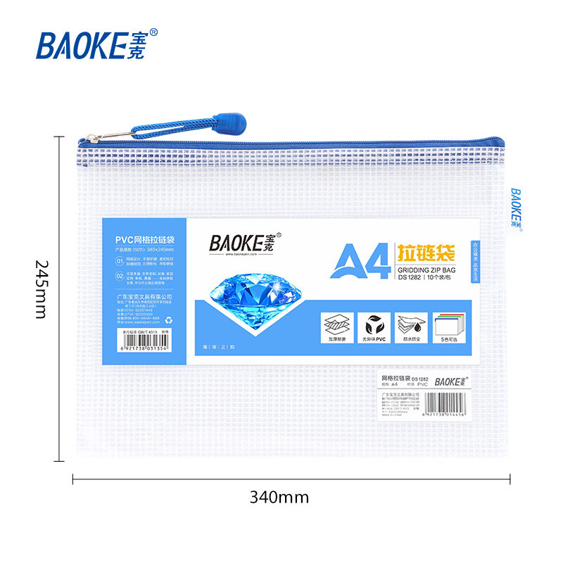 BAOKE A4 borsa portadocumenti con cerniera in rete PVC 10 pz/borsa DS1282/DS1283/DS1284