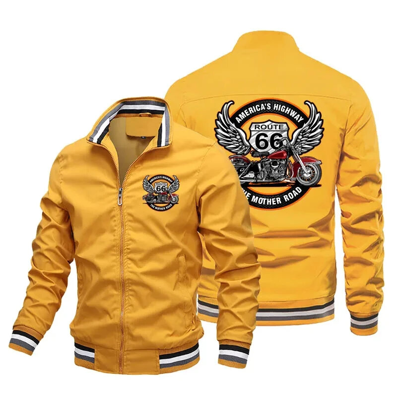 Spring and Autumn 24 New Men's Retro Fashion Route 66 Motorcycle Printed Pilot Jacket Loose Street Fashion Riding Windproof Raci