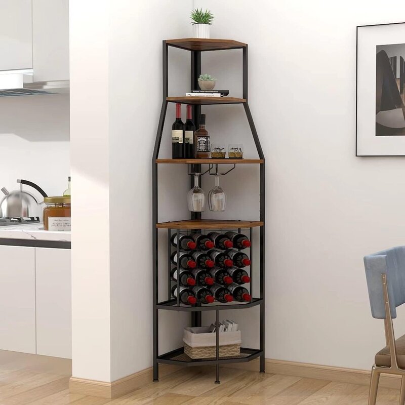 와인 캐비닛, 5 단 코너 와인 랙, 유리 거치대 및 병 포함, 독립형 바닥, 홈 와인 보관