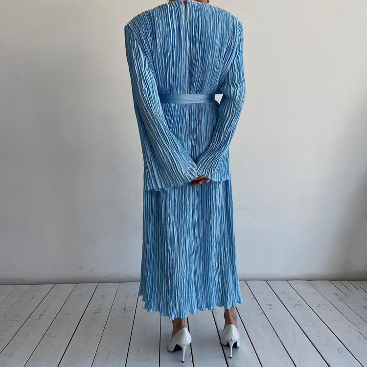 Женское Плиссированное темпераментное длинное платье высокого качества с рукавами и поясом, 2024