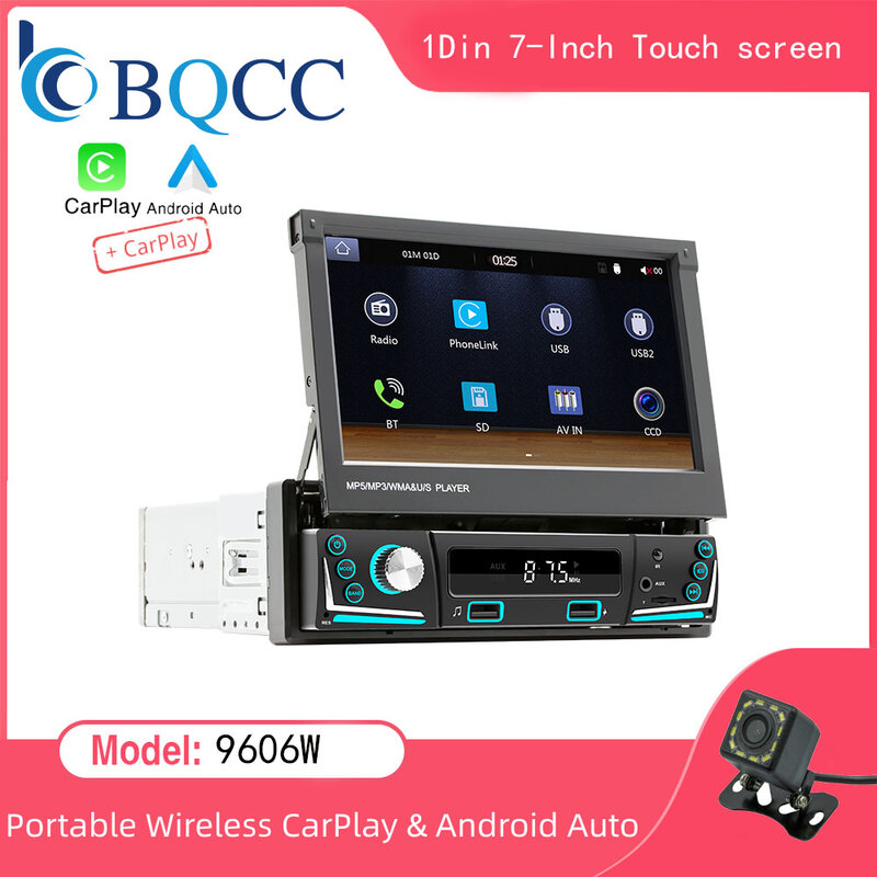 7 Inch HD Wireless Android Auto CarPlay 1Din Video Multimedia MP5 Player Retractable Screen Mirror Link Car BT/FM/USB/AUX 9606W