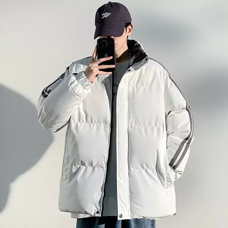 Зимняя мужская теплая парка, куртка 2023, Корейская повседневная мужская верхняя одежда, пальто, Мужская ветровка в полоску сбоку, пуховики с хлопковой подкладкой