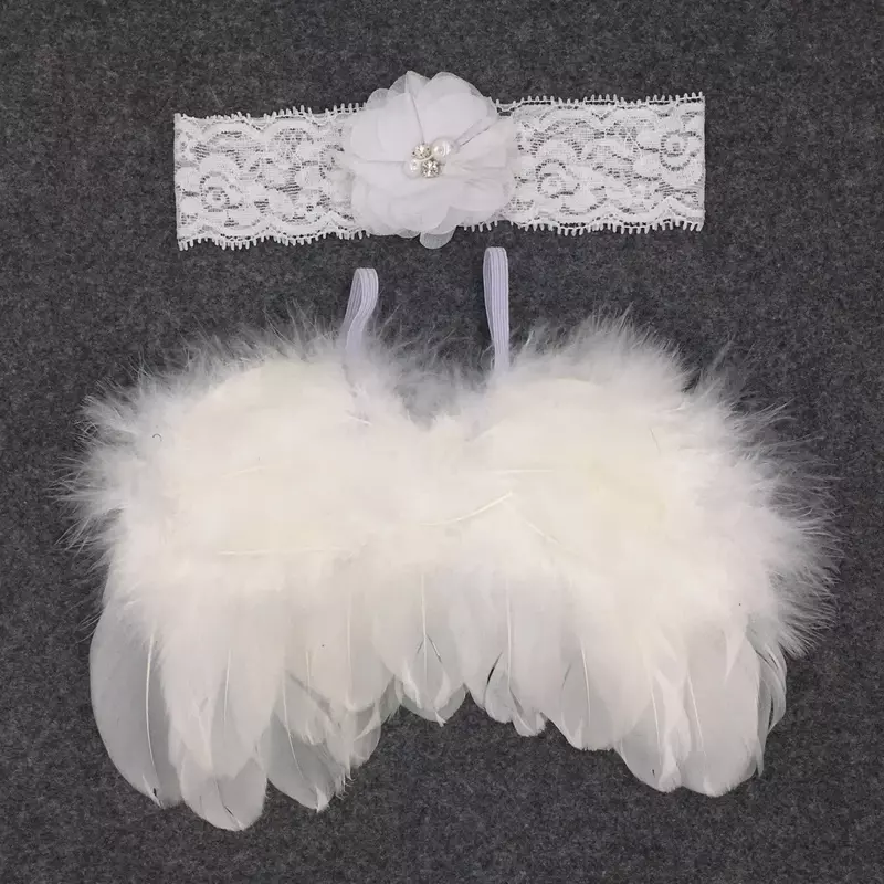 Noworodek odzież do zdjęć skrzydła z piórami Angel Pinion rekwizyty szyfonowe nylonowe elastyczna opaska w kwiaty akcesoria do włosów