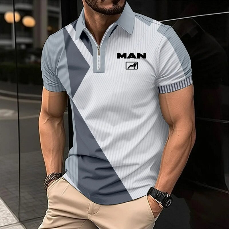 قميص بولو بولوشان مخطط للرجال ، قميص بولو كاجوال بطية صدر ، طبعة رجل شاحنة ، أكمام قصيرة ، موضة راقٍ