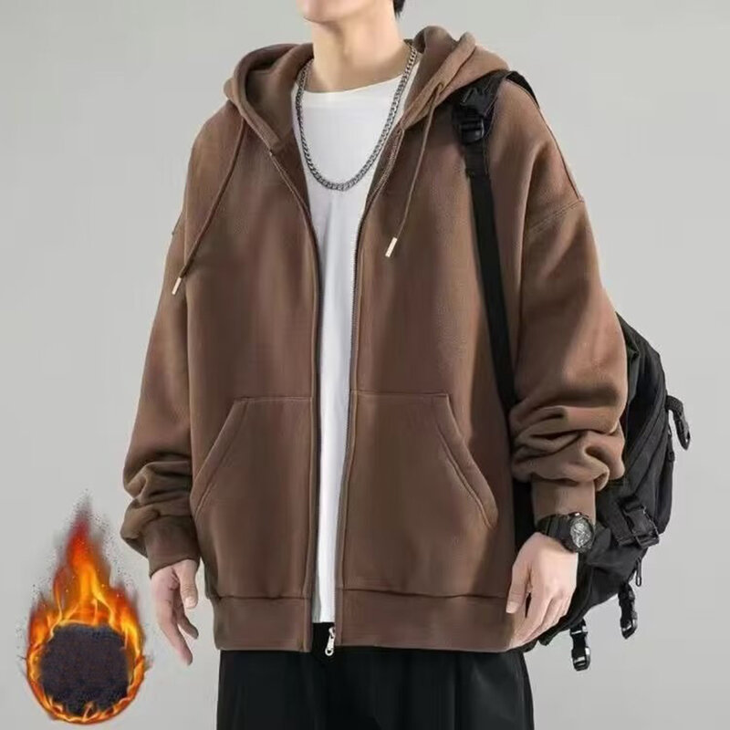 Fashion 5XL Plus Size Fleece Zip-up Hoodie For Men Solid Color Pockets Baggy Sweatshirt Tide Hoodies Man Clothing