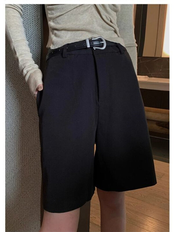 Women's Commuting Style Straight Khaki Shorts Summer New High Waisted Suits Middle Pants Female Casual A-Line Mini Trousers
