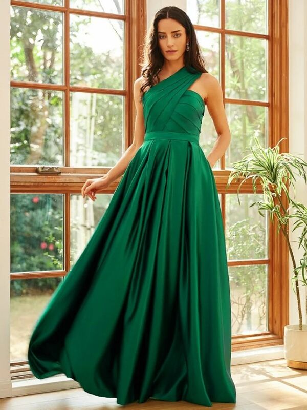 One-Shoulder Sleeveless Floor-Length Prom Dress Princess Satin Ruched Dresses Poc Vestidos De Fiesta Elegantes Para Mujer 2024
