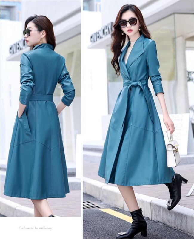 Autumn Winter Long blue Black Soft Sheepskin Leather Trench Coat for Women Belt Skirted Elegant Luxury Fashion M-5xL